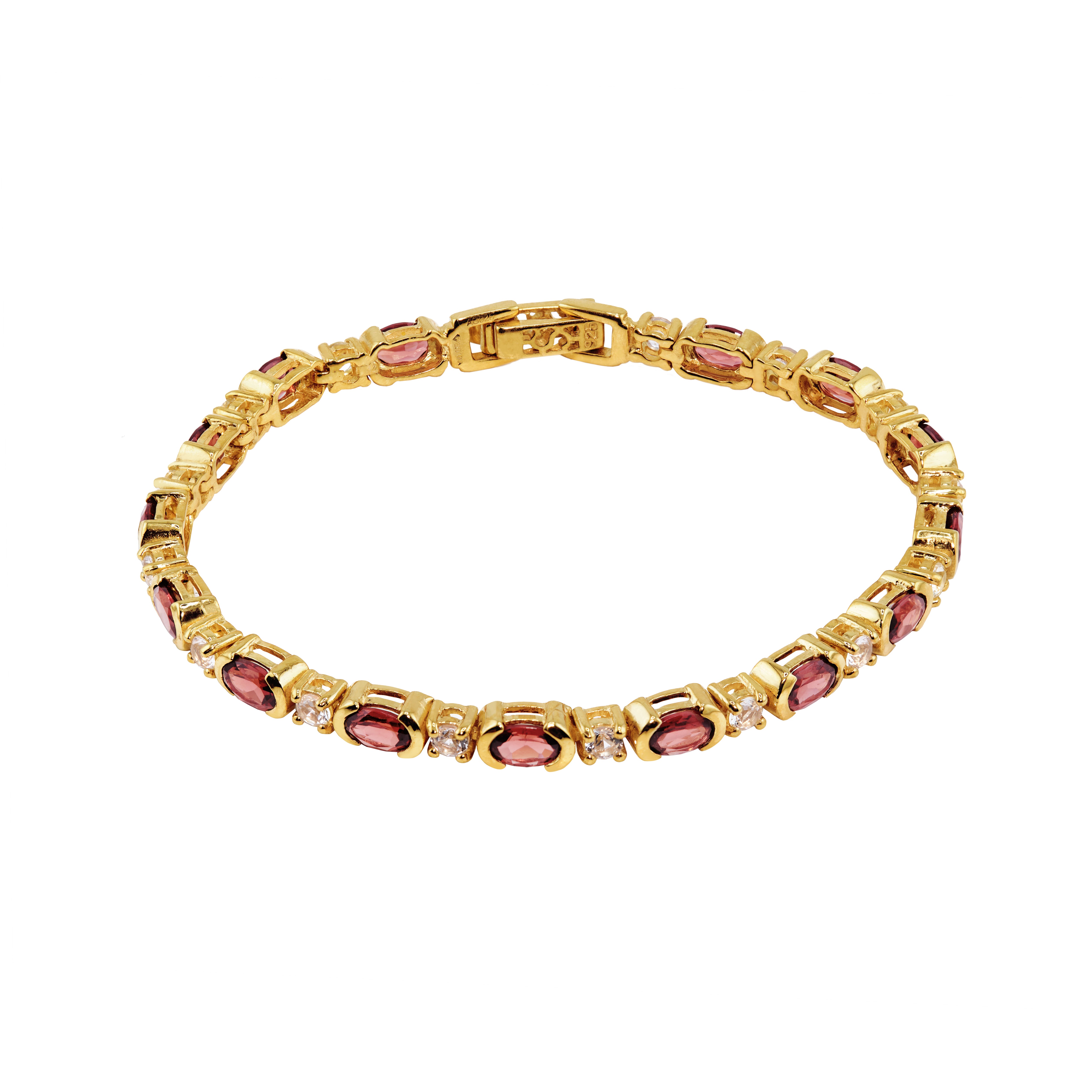 Red Garnet and White Topaz Gold Tennis Bracelet